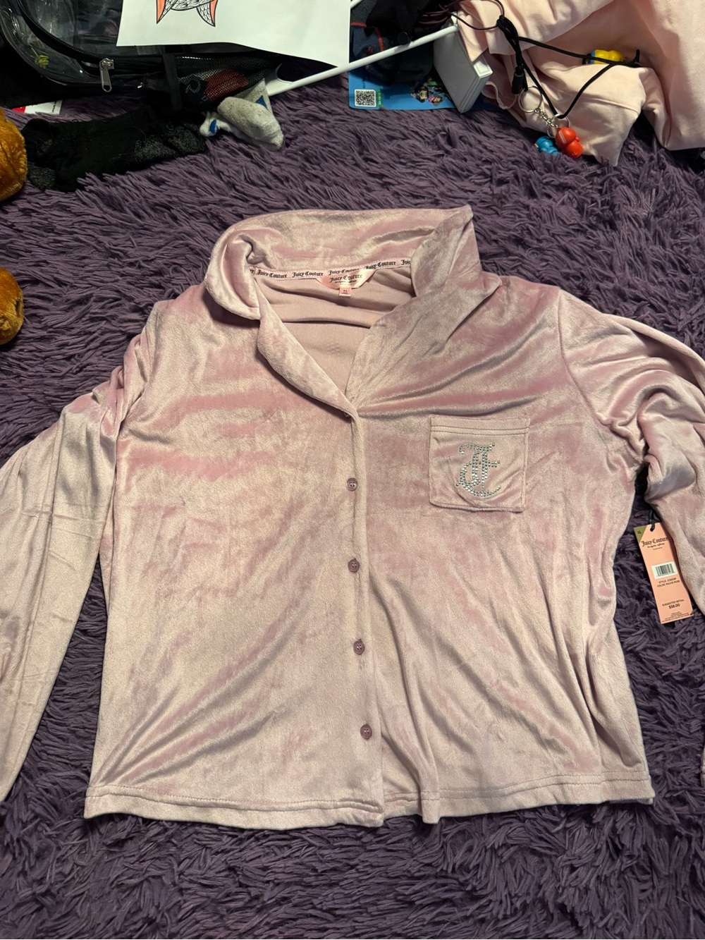 Juicy Couture Light Pink Velour Button-Up Top
